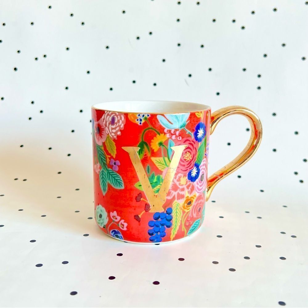 🌺 Anthropologie 🌺 Rifle Paper Co. Garden Party Monogram Mug letter V orange